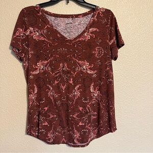 Sonoma Women’s M Brown w/Orange, Pink, White & Black Print Short Sleeve Tee